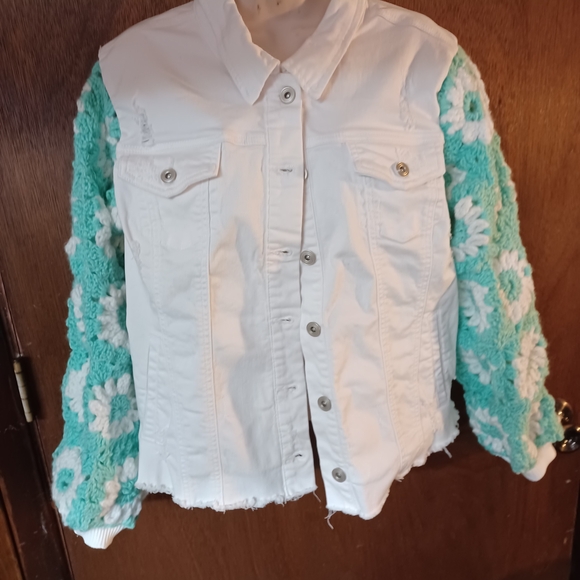 Handmade Jackets & Blazers - White Jacket with Teal Floral Sleeves